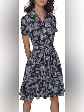 Karl Lagerfeld Black and White Scenic Print Midi Shirt Dress
